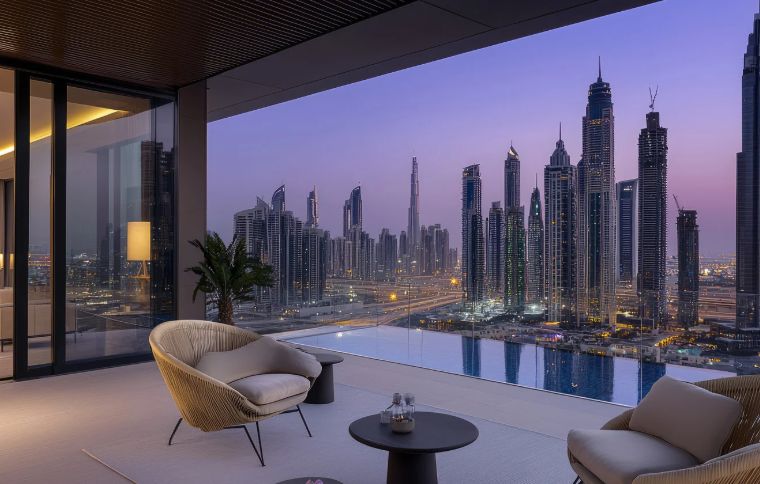 Urban balcony with skyline view